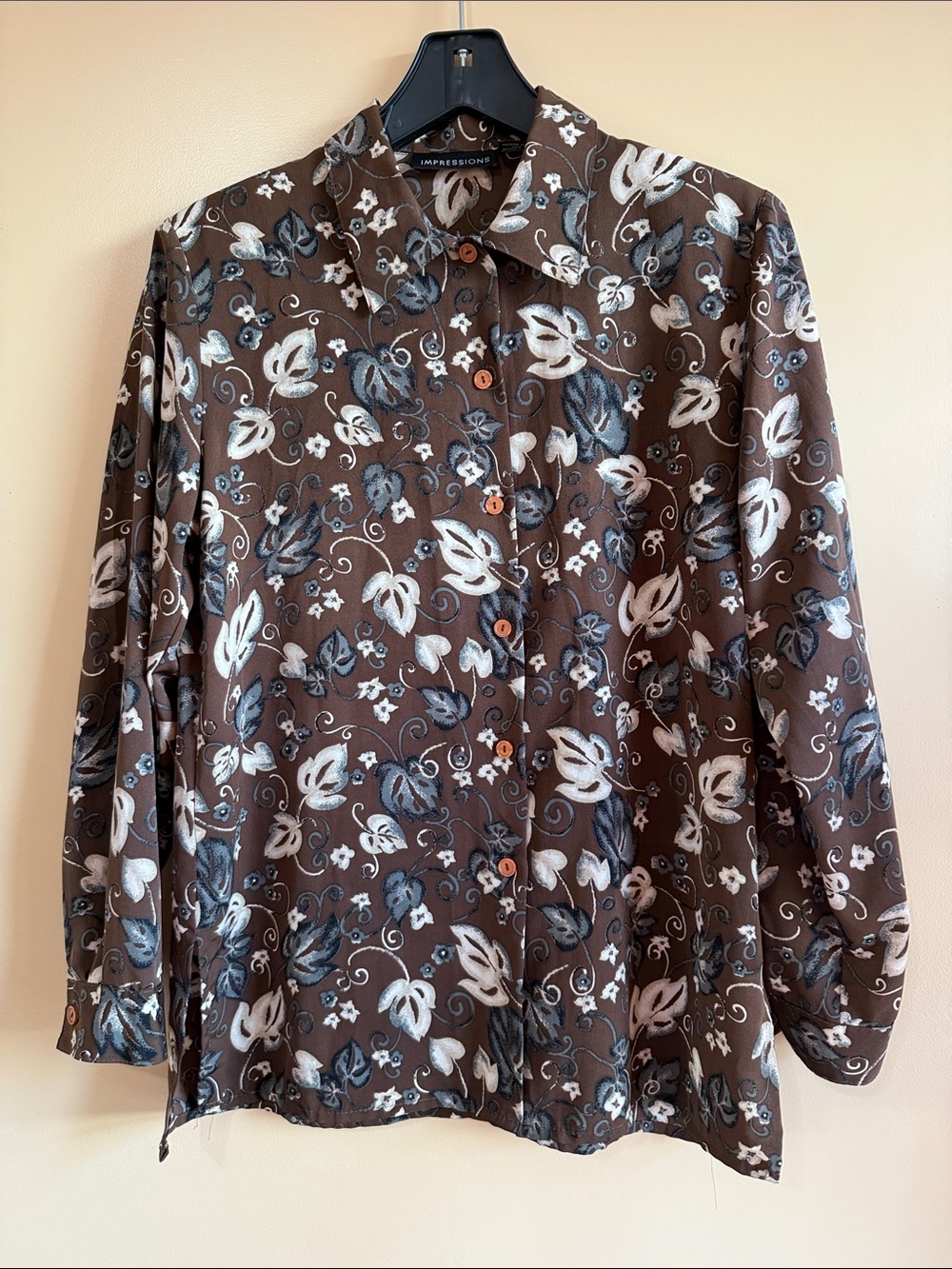 Impressions Brown Floral-Print Button Front Shirt